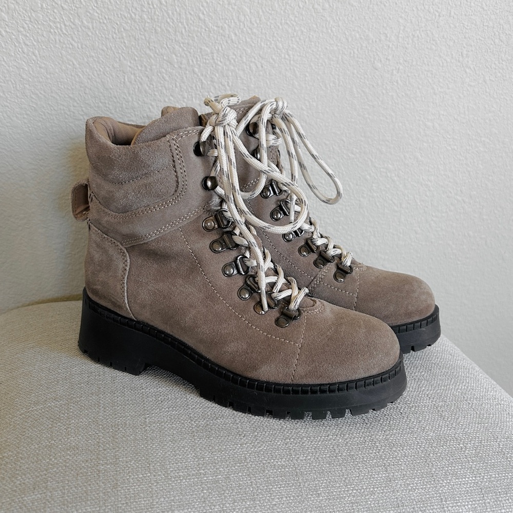 Tan Taupe Suede Ankle Combat Boots Leg Sole Side Zipper